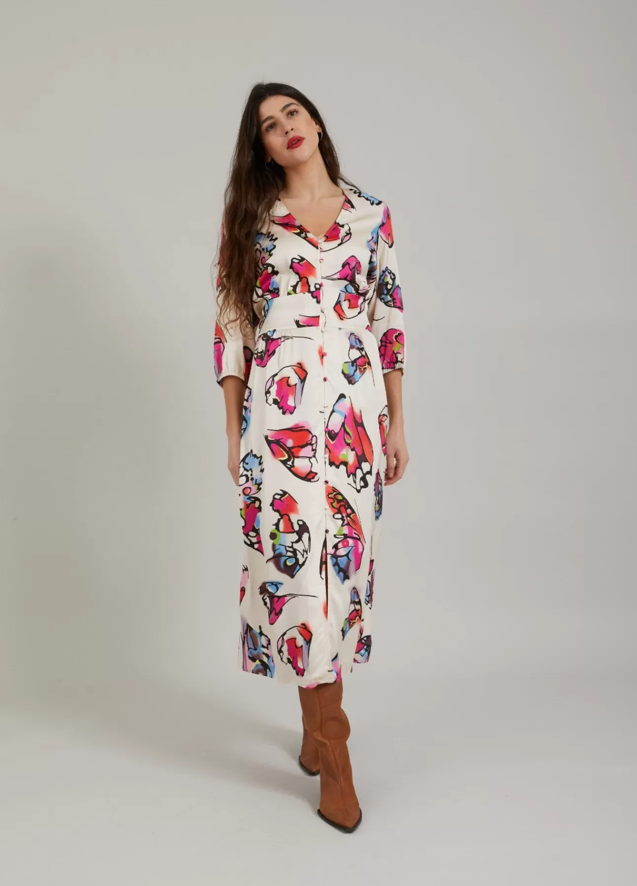 Fashion Kjole M. Knapper Og Butterfly Print Kvinde Kjoler